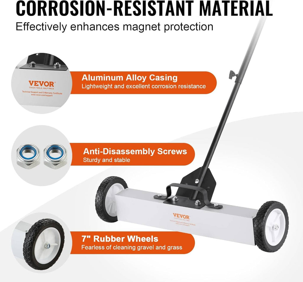 Magnetic sweeper with aluminum casing, anti-disassembly screws, and rubber wheels