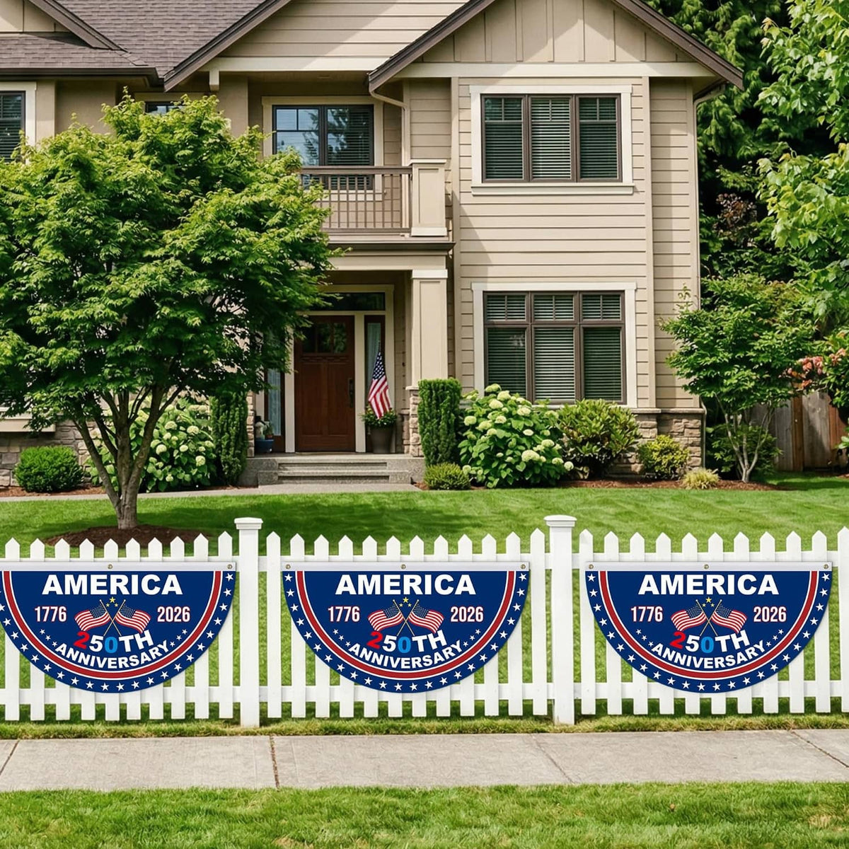 USA 250th anniversary bunting along front yard fence, blue semicircle panels