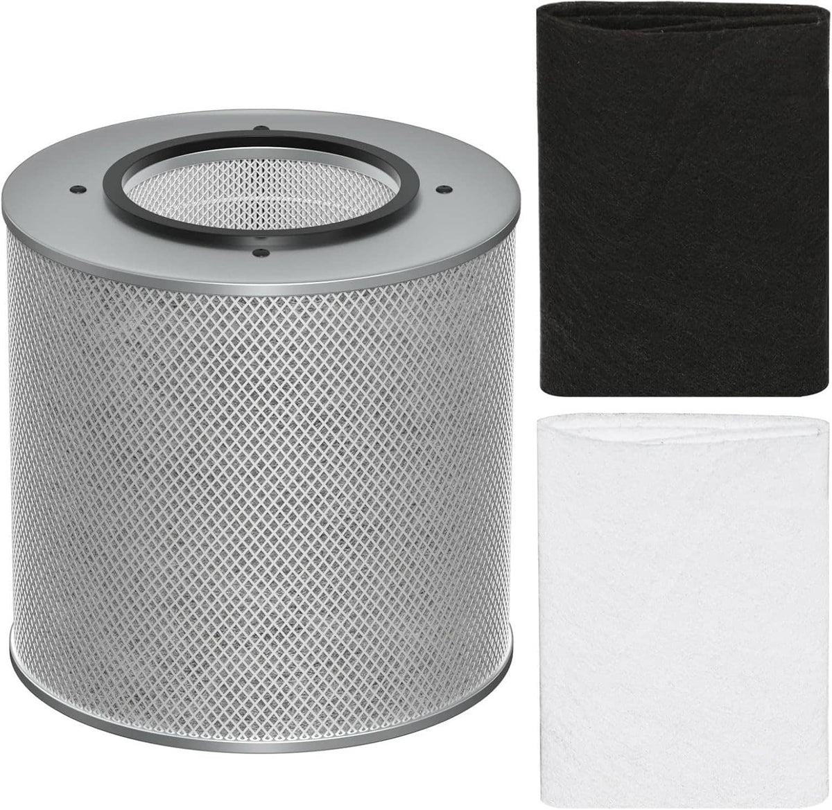 Gray HEPA filter cartridge with two folded replacement panels, black and white