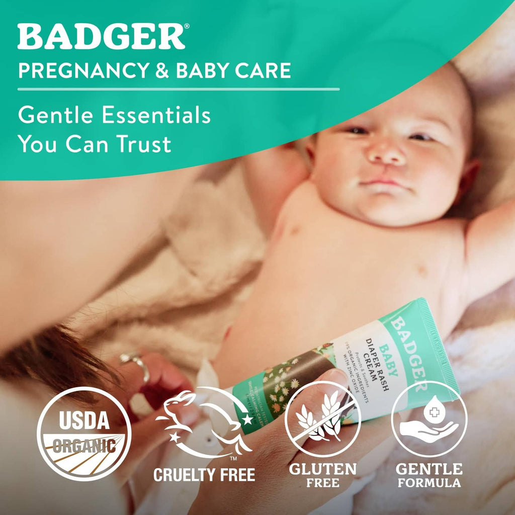 BADGER Baby diaper care tube shown with baby photo, teal and white packaging