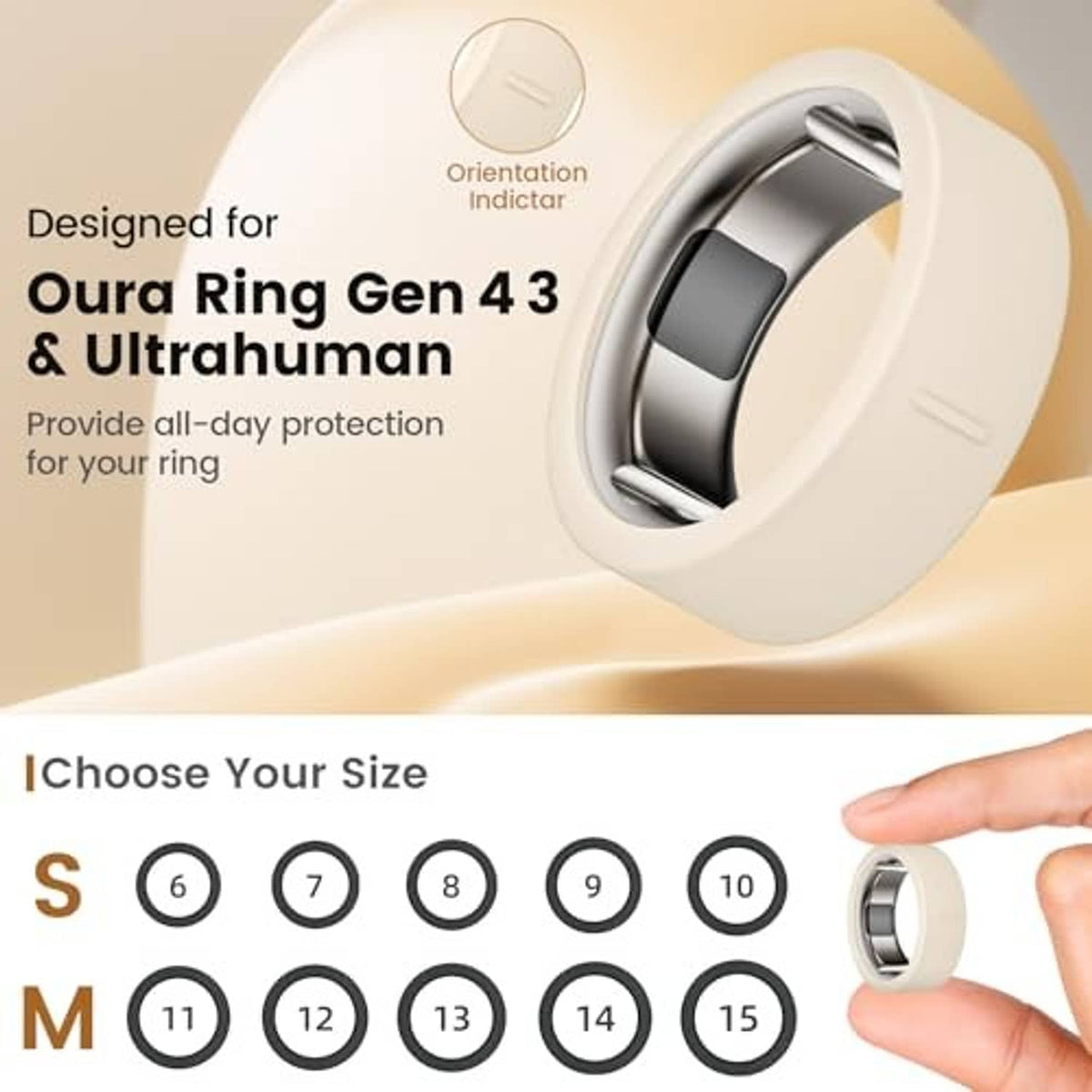 White silicone ring cover with metal insert, shown with size options 6 to 10