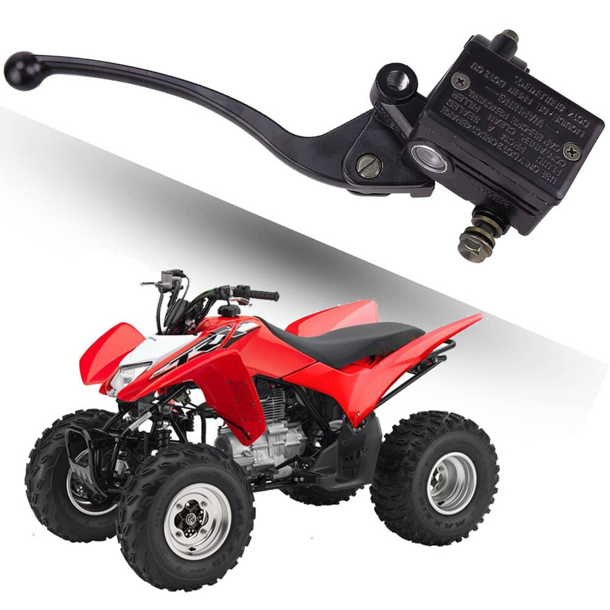 ATV brake master cylinder with black lever and fluid reservoir, side view