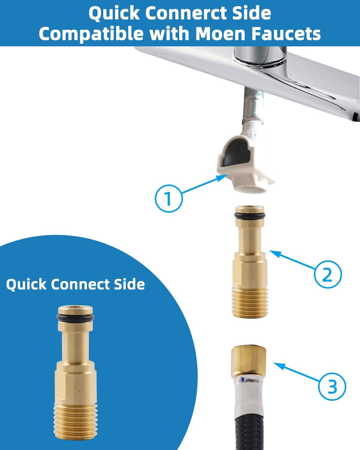 Brushed nickel quick-connect side sprayer attachment with threaded fitting and hose end