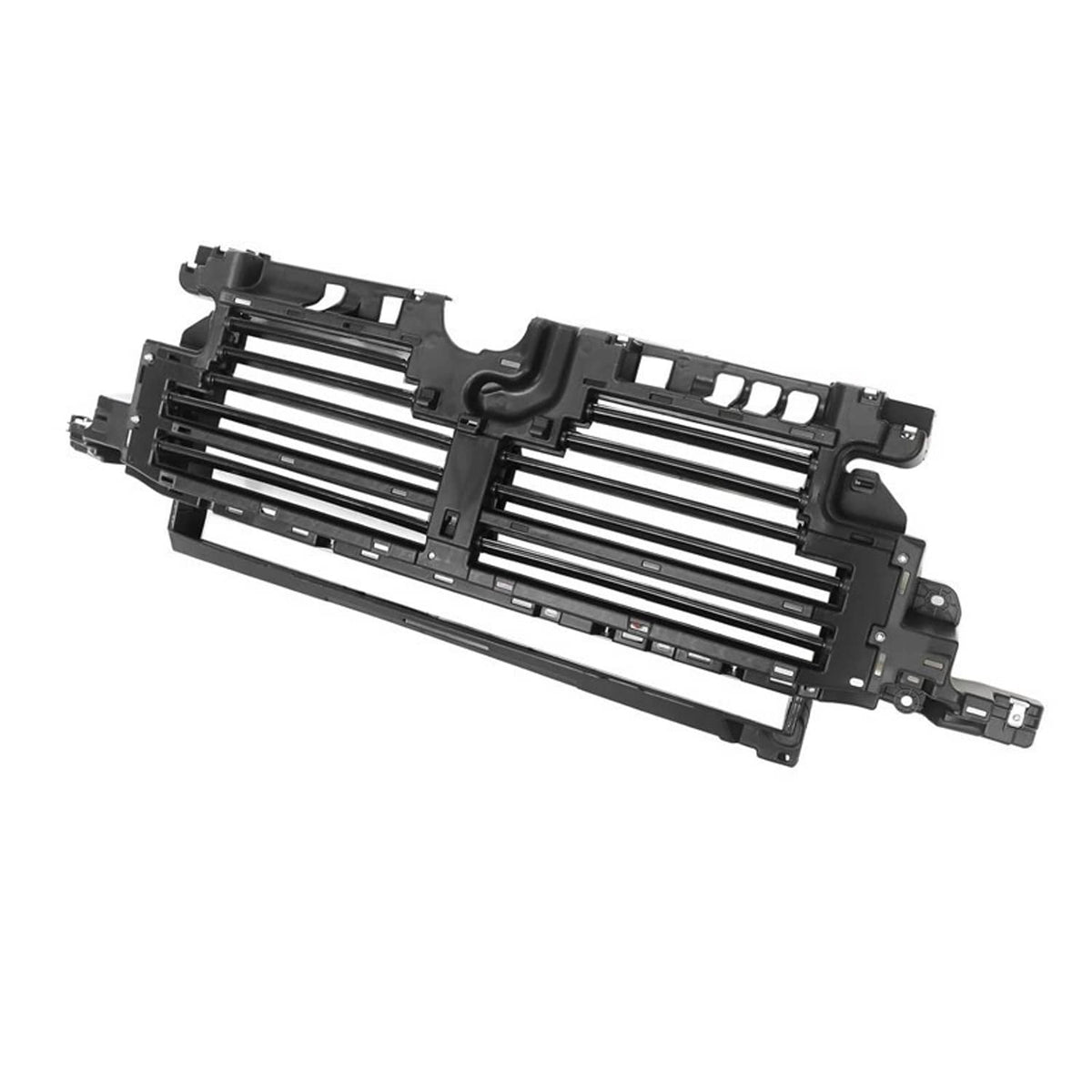 Black motorized air grille shutter with horizontal louvers and support brackets