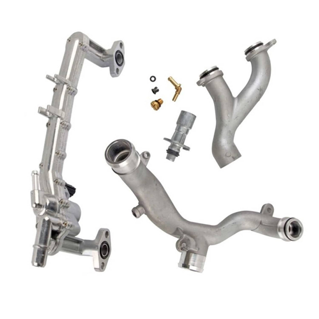 Metal coolant pipe kit with curved tubes, flanges, and small hardware