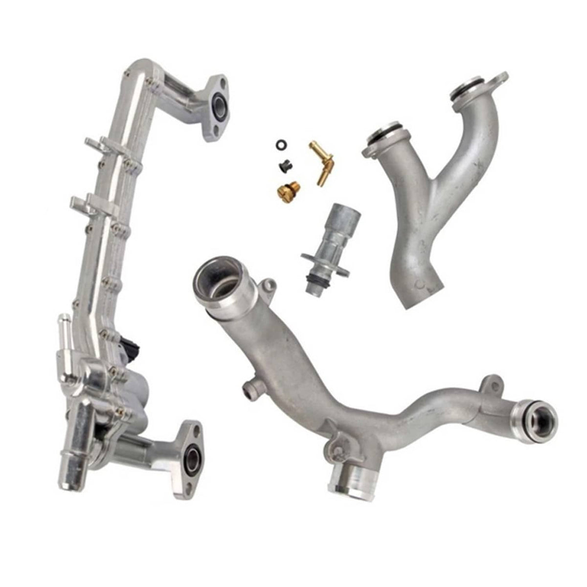 Metal coolant pipe kit with curved tubes, flanges, and small hardware