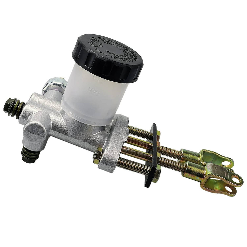 Hydraulic brake master cylinder with black cap and silver body, side view with linkage
