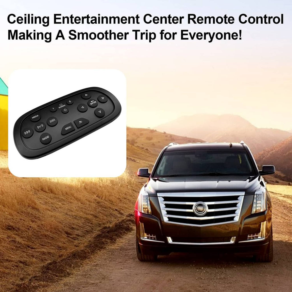Black ceiling entertainment center remote control, angled view with button panel