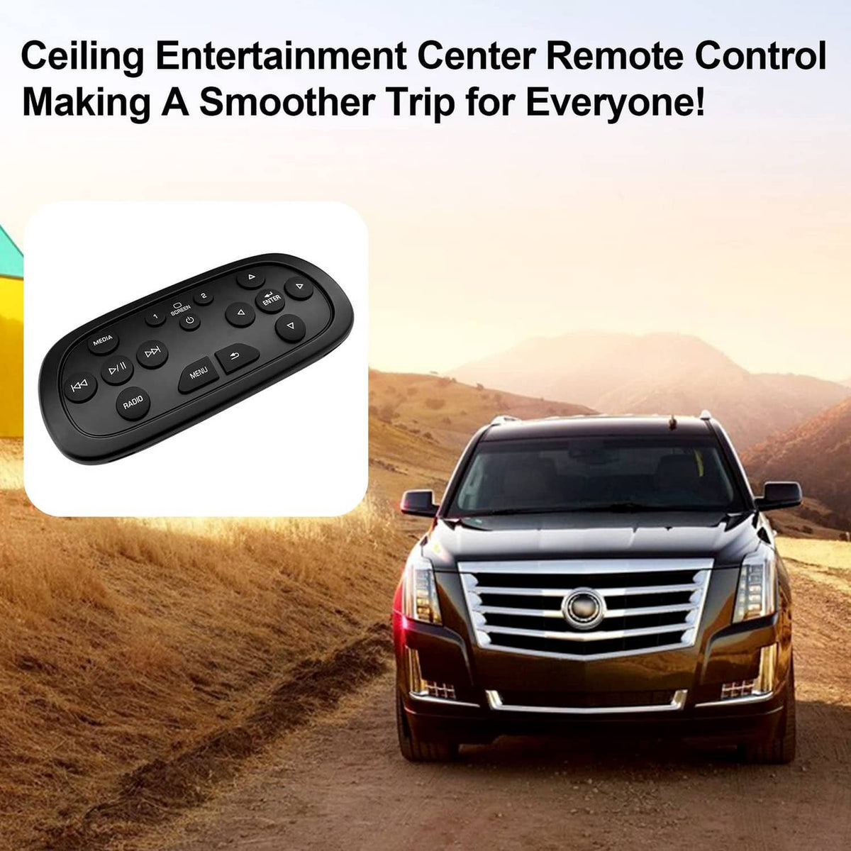 Black ceiling entertainment center remote control, angled view with button panel