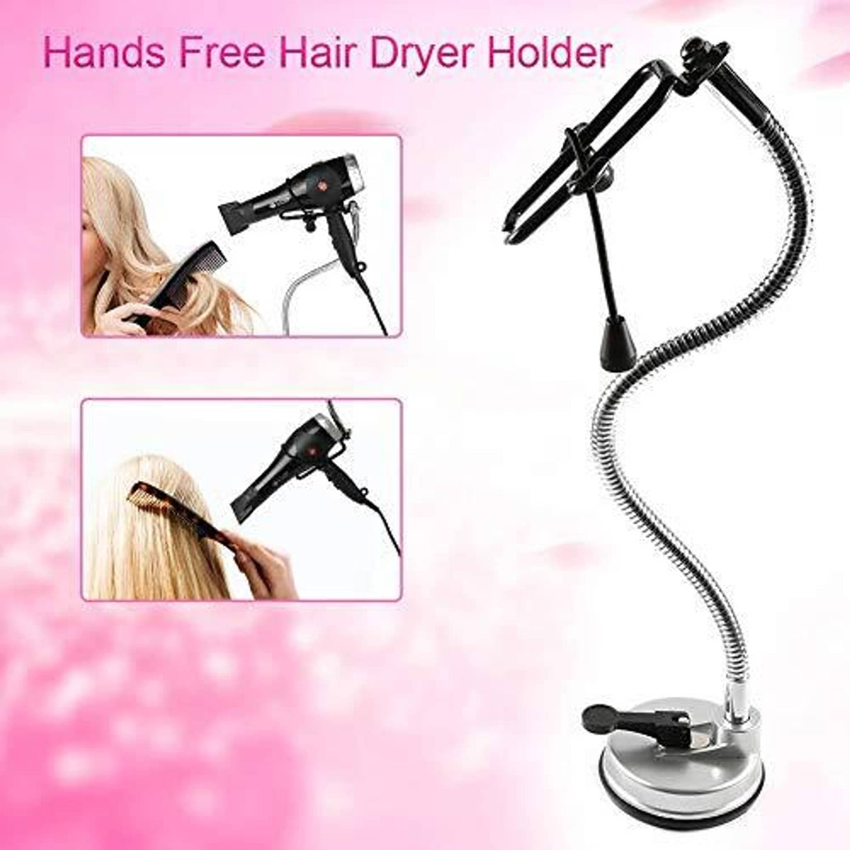 Hands-free hair dryer stand with black dryer clamp and silver suction cup base