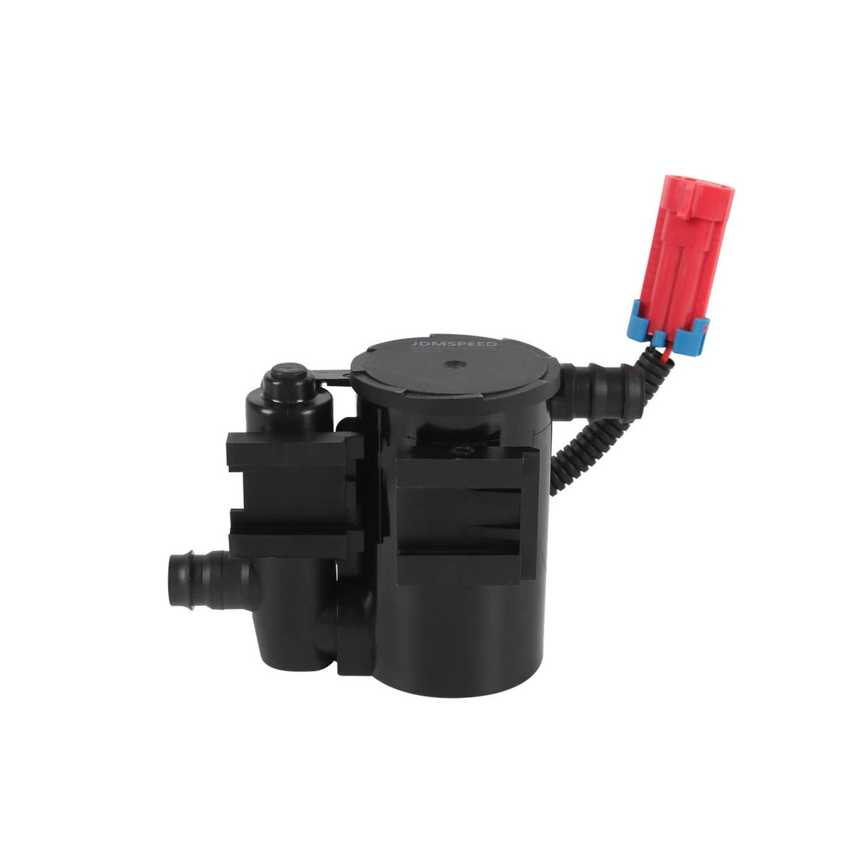 Vapor canister vent solenoid with black body and red/blue electrical plug on wire lead