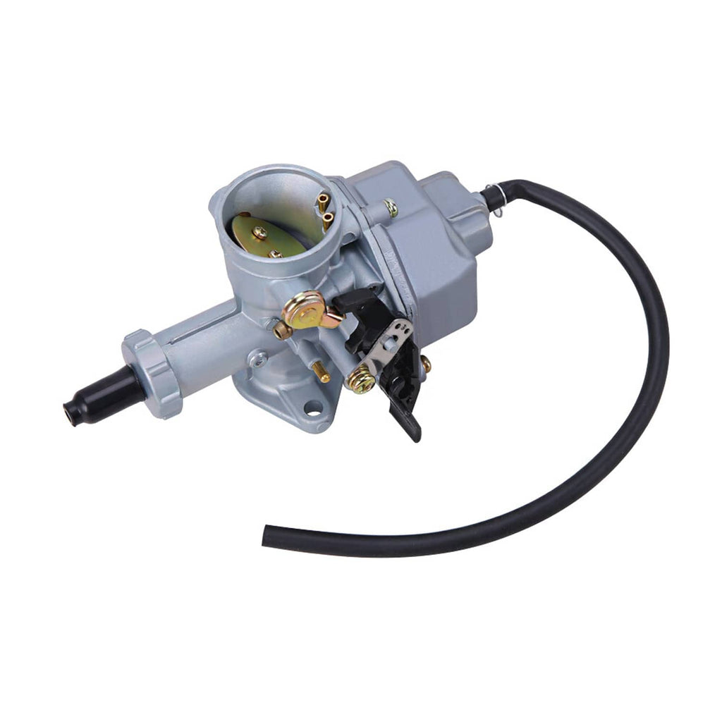 Light gray motorcycle carburetor with black hose and throttle cable fitting