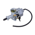 Light gray motorcycle carburetor with black hose and throttle cable fitting