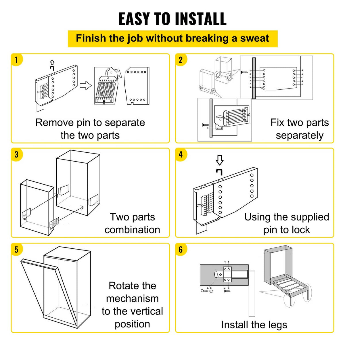 DIY Murphy bed spring hardware installation steps with bracket parts and legs