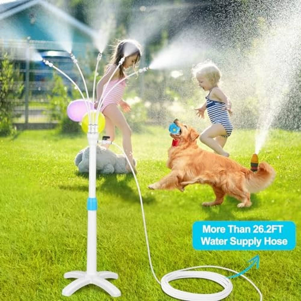 Outdoor misting riser stand with white base, blue center tube, and flexible hose