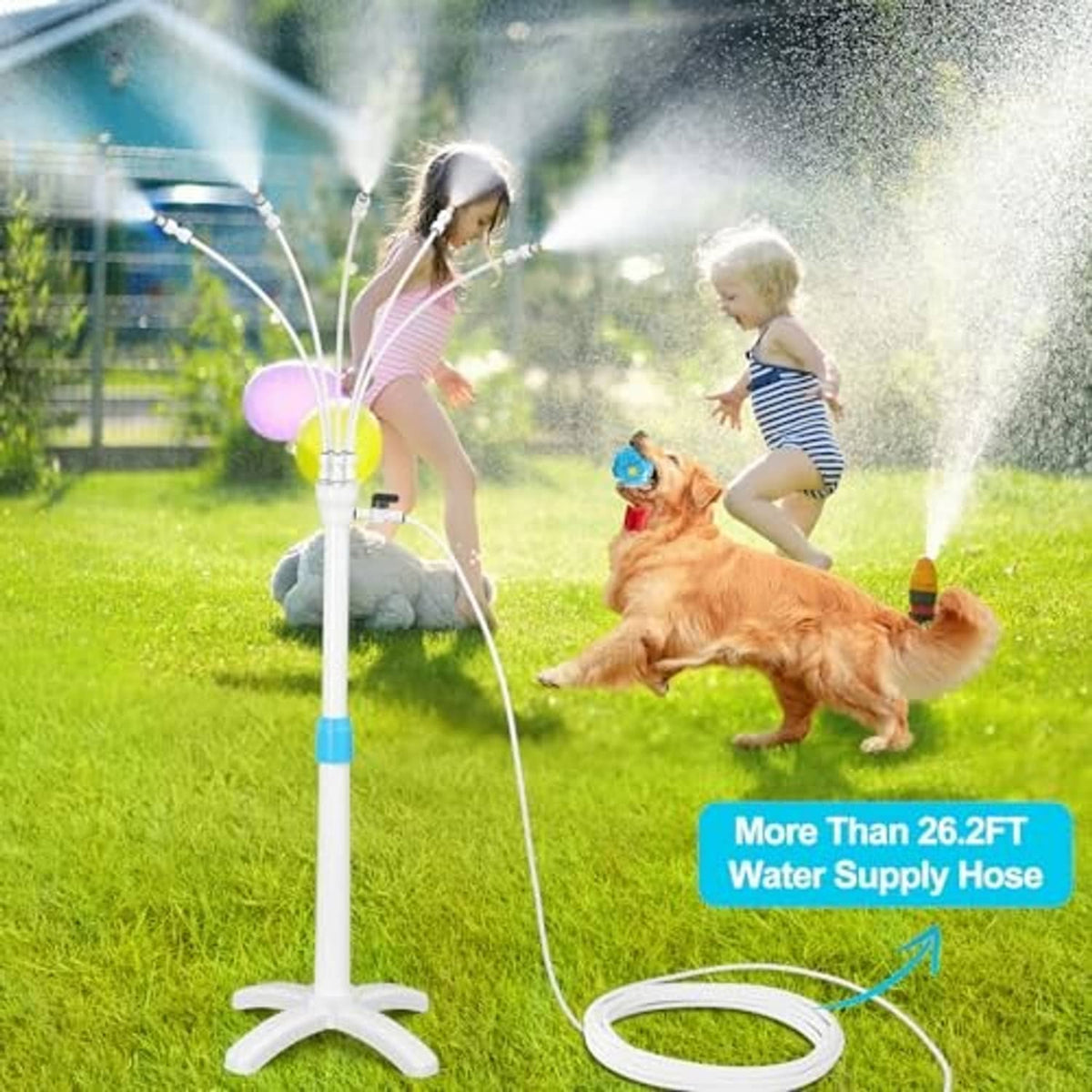 Outdoor misting riser stand with white base, blue center tube, and flexible hose