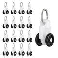 Curtain track roller set with white plastic housings, black wheels, and metal hooks