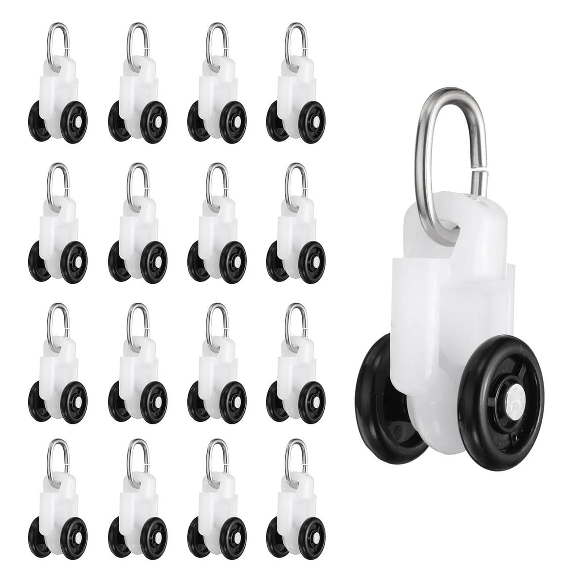 Curtain track roller set with white plastic housings, black wheels, and metal hooks