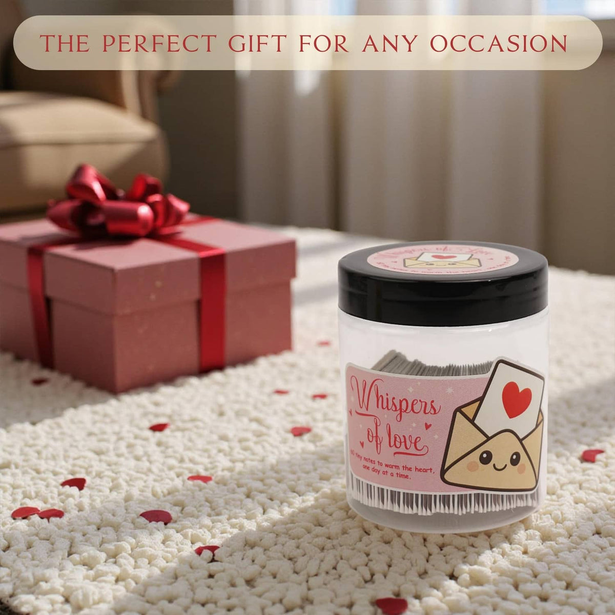 Heart note jar with pink label and cartoon envelope icons, near a gift box