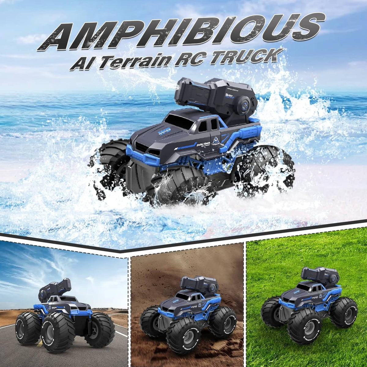 RivetOak Amphibious Remote Control Car Boat Water Squirt RC Tank 2.4GHz LT, Bule