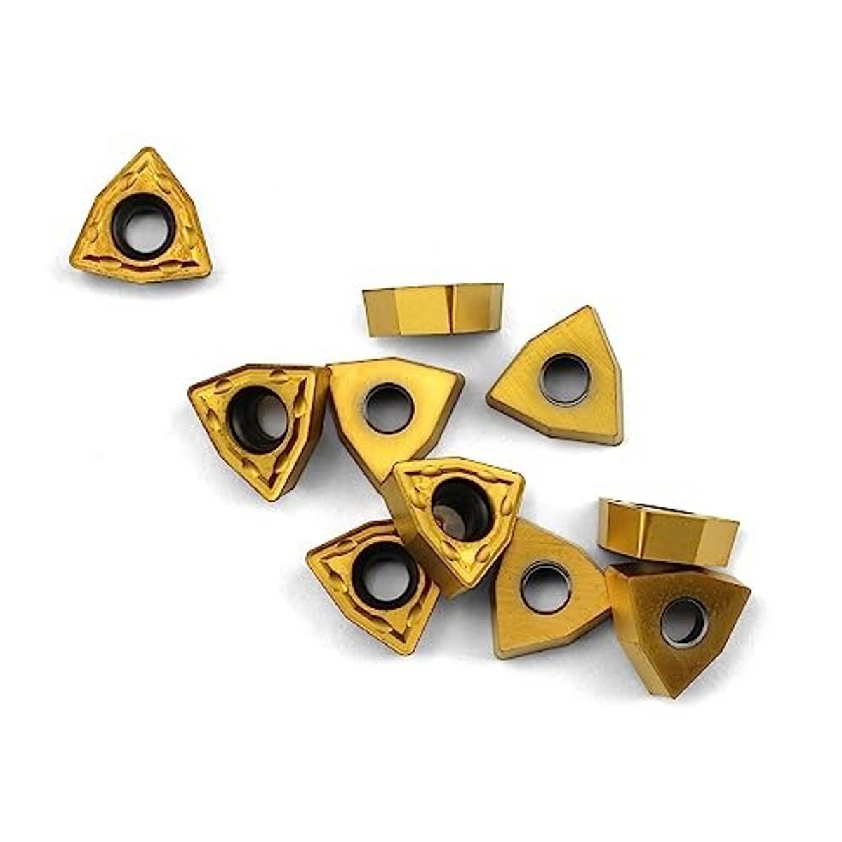 Carbide turning inserts, triangular gold tips with round hole, scattered layout