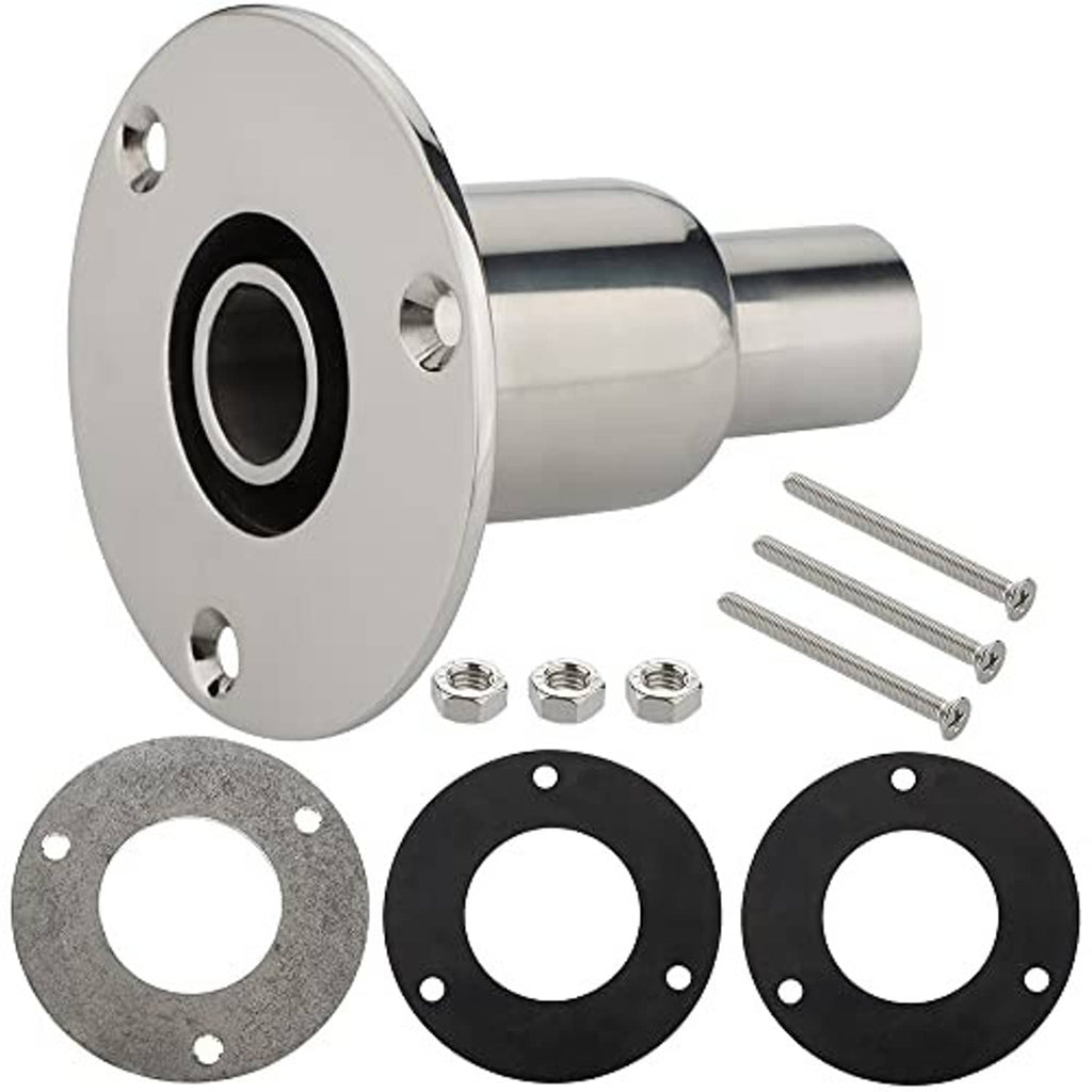 Stainless steel thru-hull exhaust skin fitting with round flange, pipe, gaskets, and screws