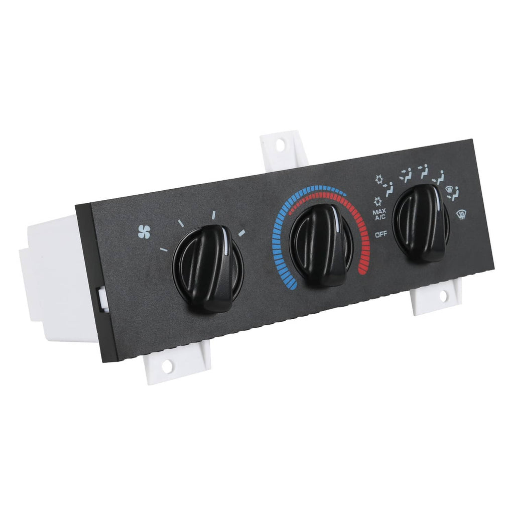 A/C heater control panel with three black knobs and blue/red temperature scale