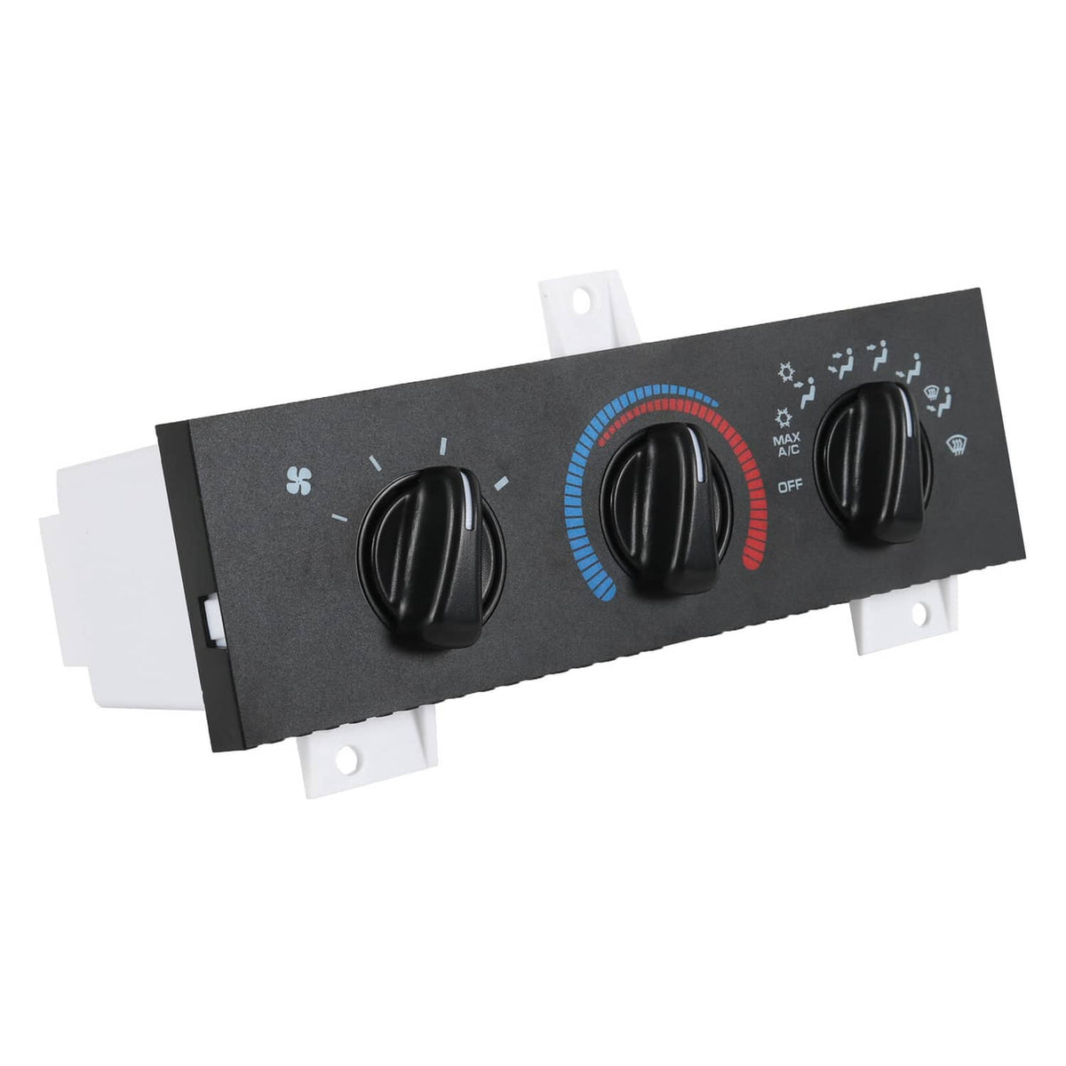 A/C heater control panel with three black knobs and blue/red temperature scale