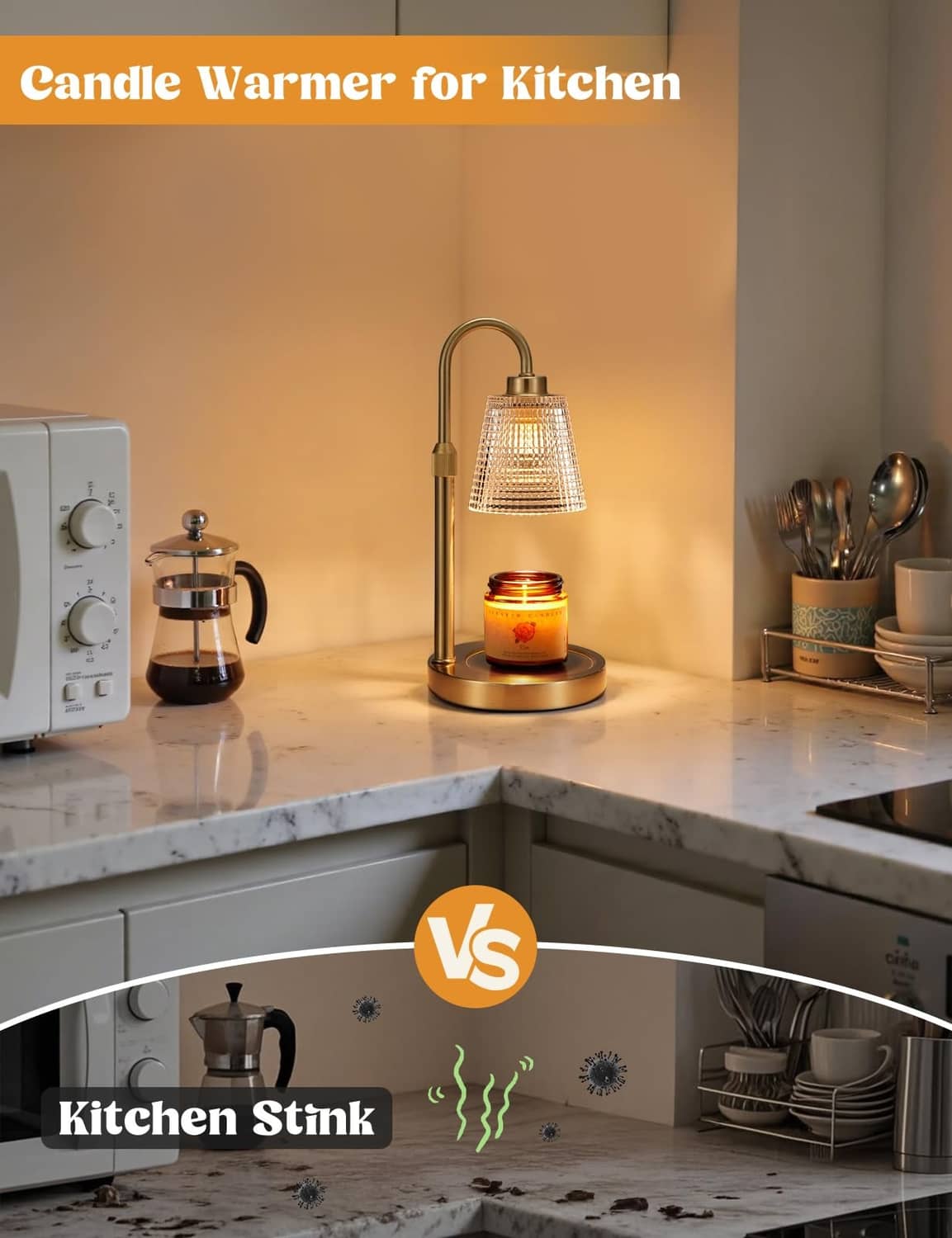 Gold candle warmer lamp on kitchen counter with glowing jar candle under glass shade