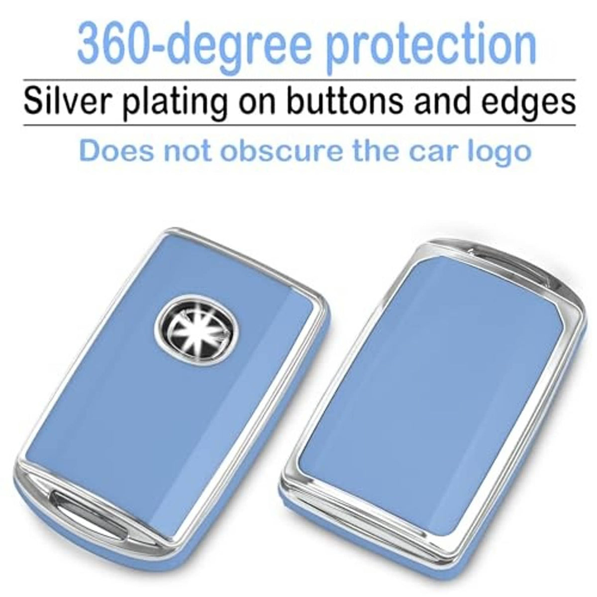 Blue key fob cases (front and back) with silver edges and star emblem