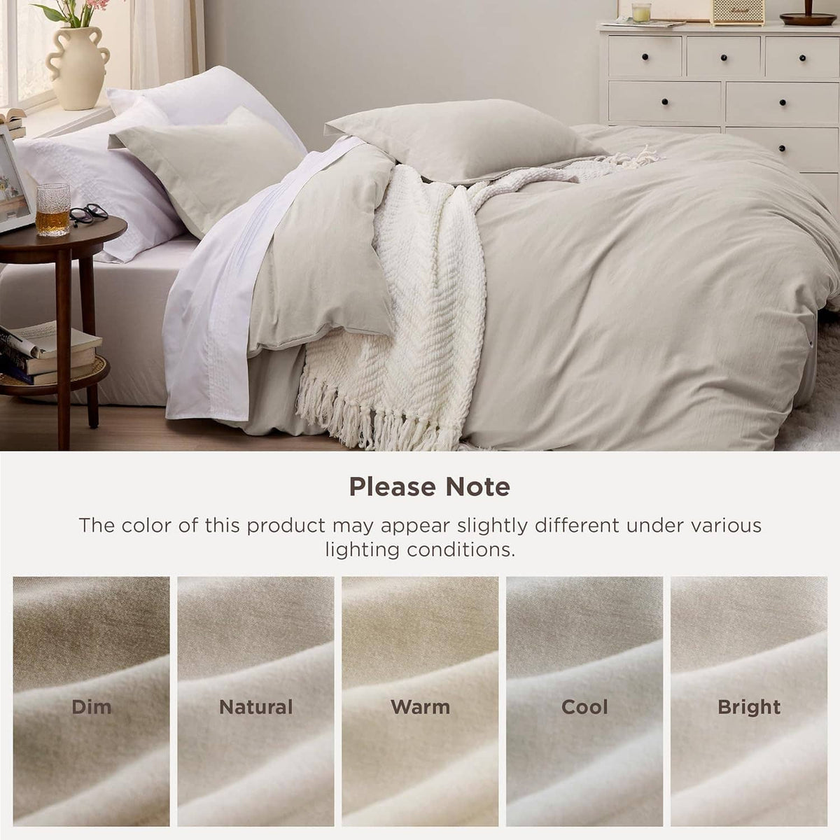 Light beige queen duvet cover with matching pillow shams and soft fringed throw