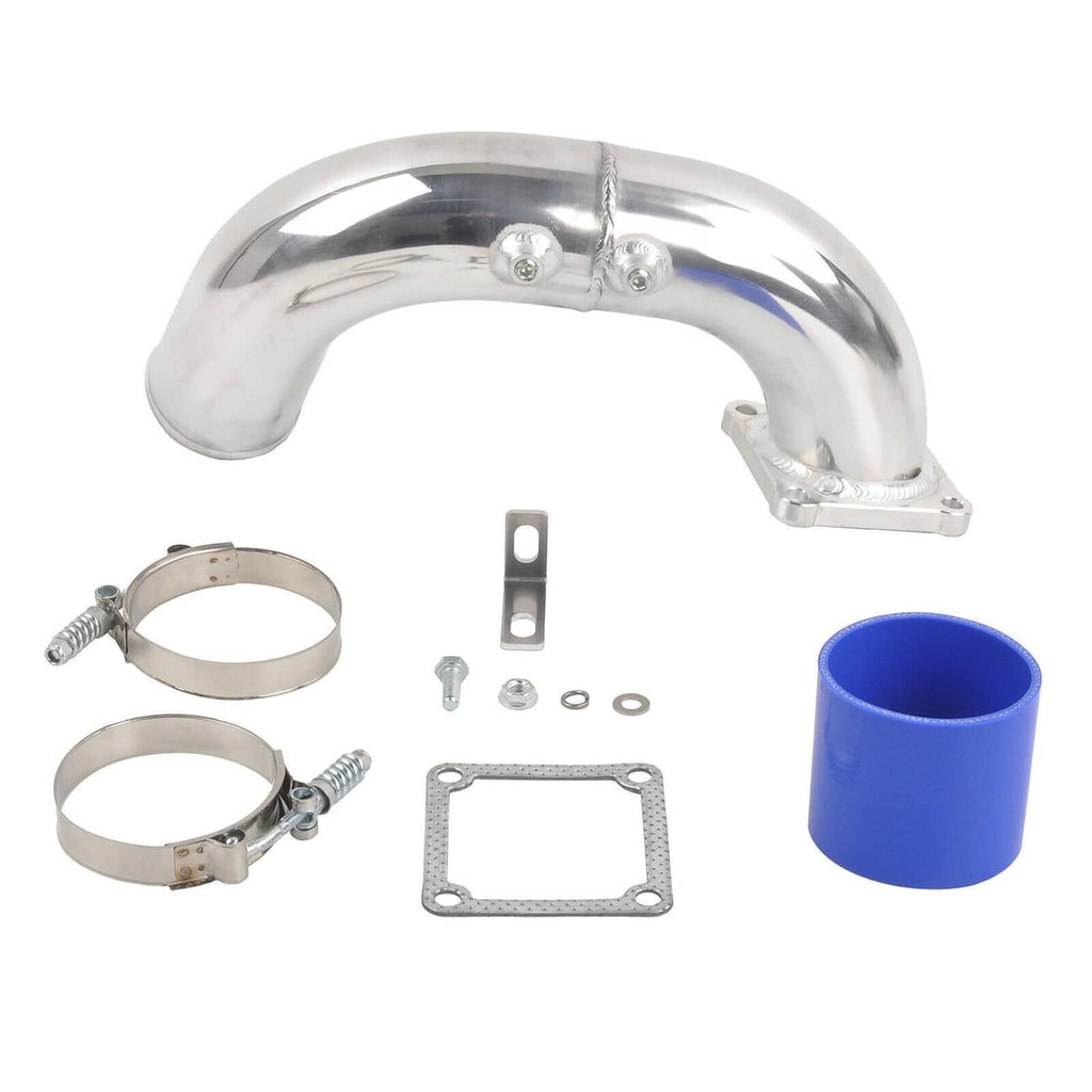 Polished air intake elbow charge pipe kit with blue silicone coupler, clamps, and gasket
