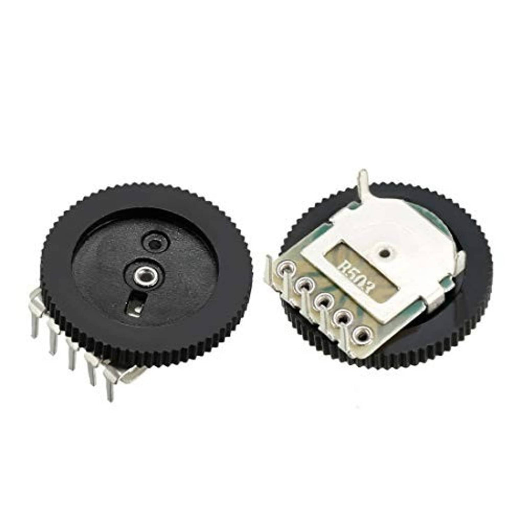 Pair of rotary potentiometers showing front black dial and rear metal terminal side