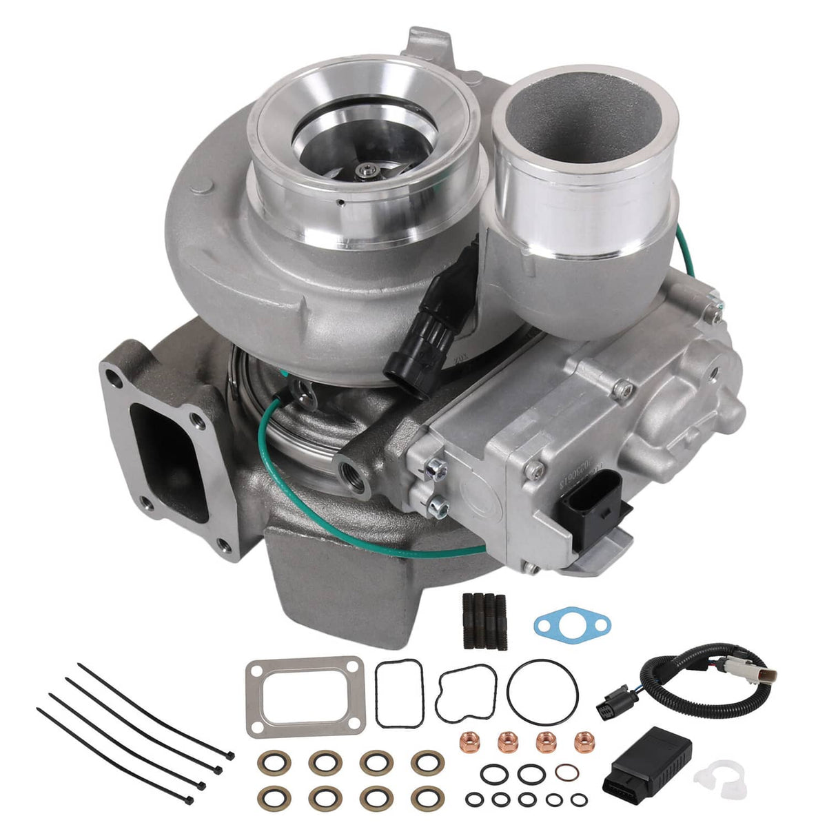 Turbocharger kit with silver compressor housing, turbine housing, and included mounting parts