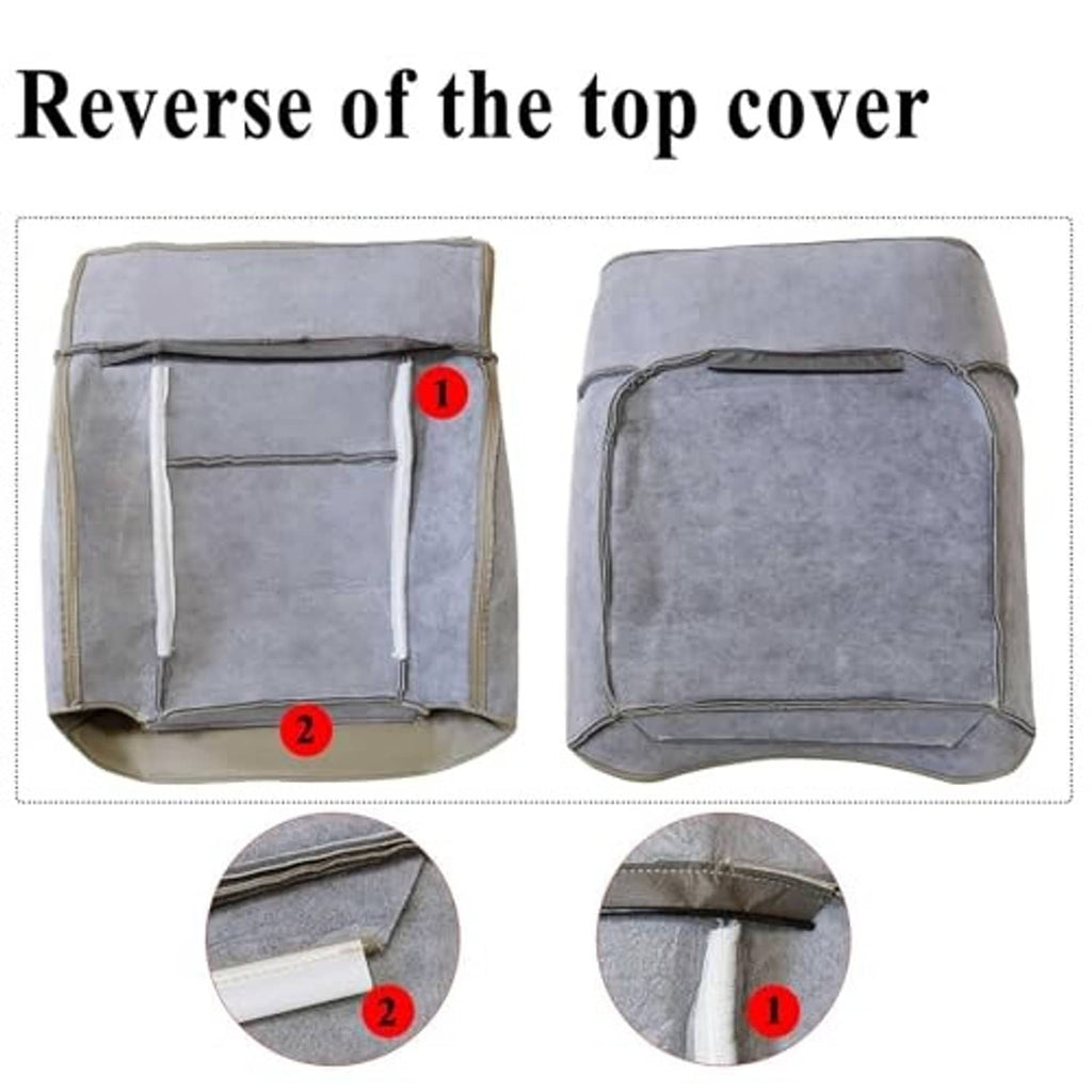 Reverse side of top seat cover with gray fabric backing and fastening straps