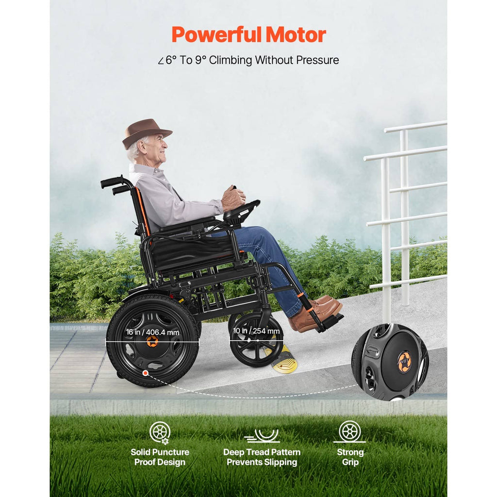 Electric wheelchair on outdoor path with black frame, orange trim, and front casters