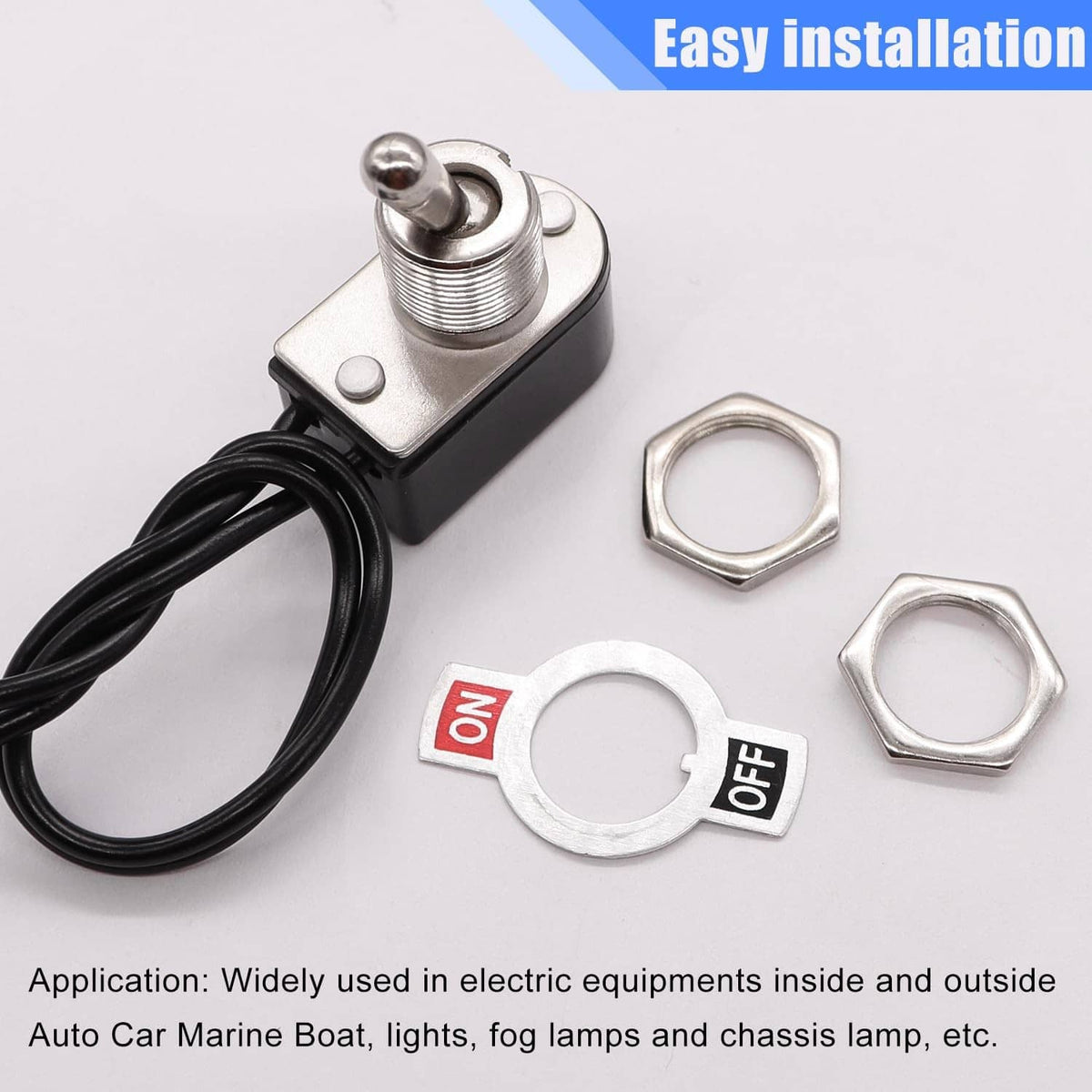 SPST toggle switch with mounting hardware, ring/hex nuts, and black wiring