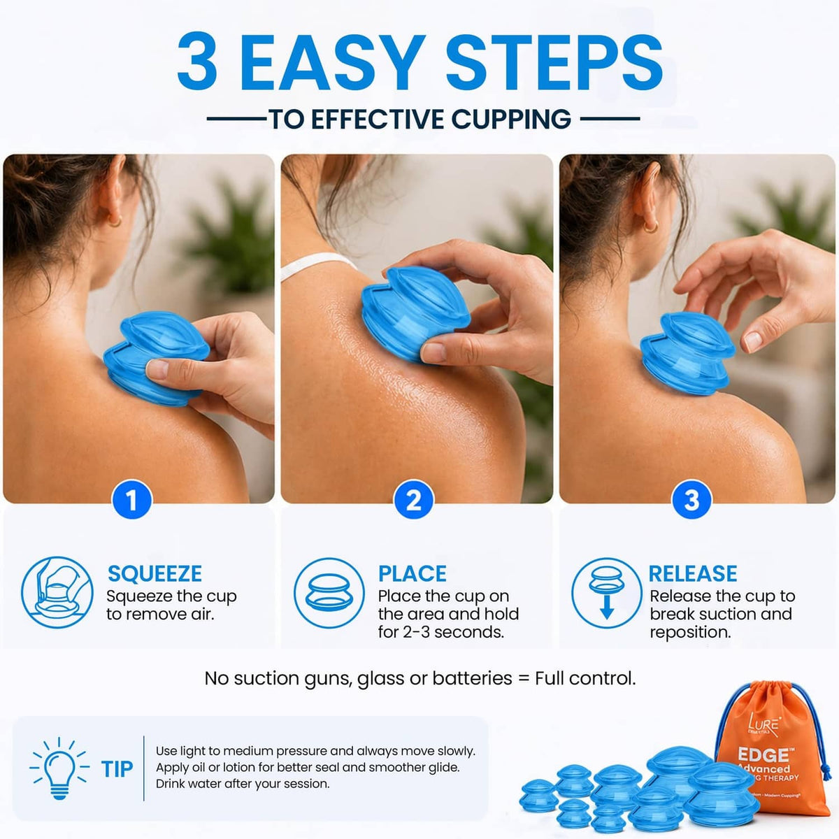 Blue silicone cupping cups on skin, shown in three-step usage sequence