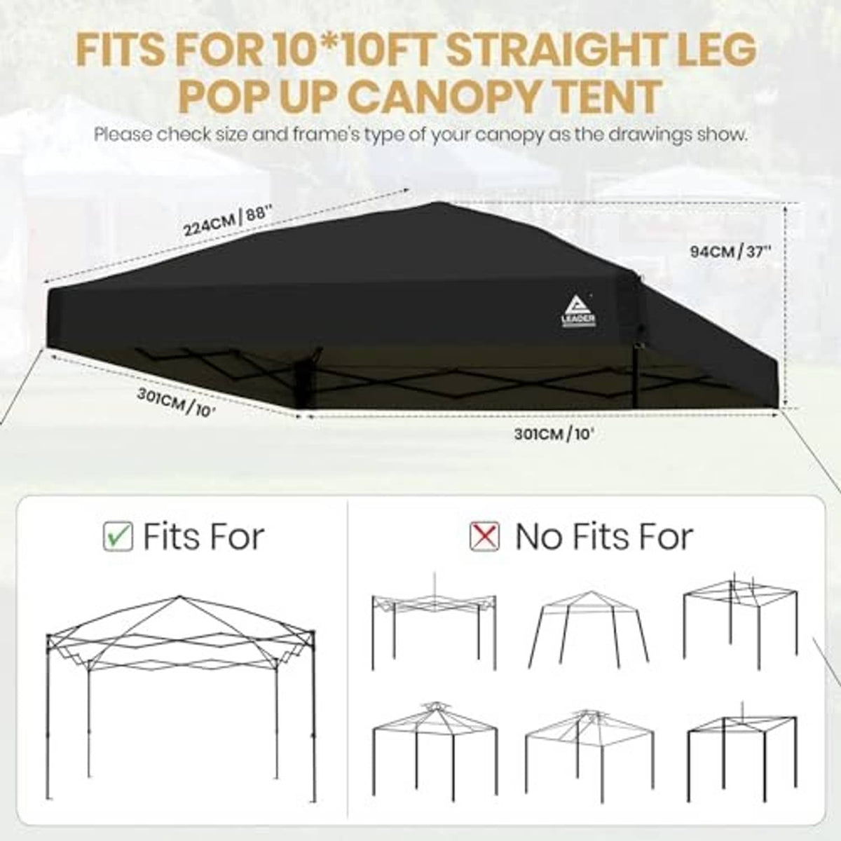 Black canopy top replacement cover sized for 10x10 straight-leg pop-up tents