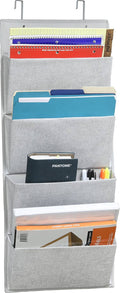 Gray wall-mount office organizer with 4 fabric pockets and metal hanging hooks