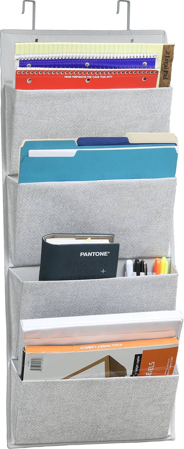 Gray wall-mount office organizer with 4 fabric pockets and metal hanging hooks
