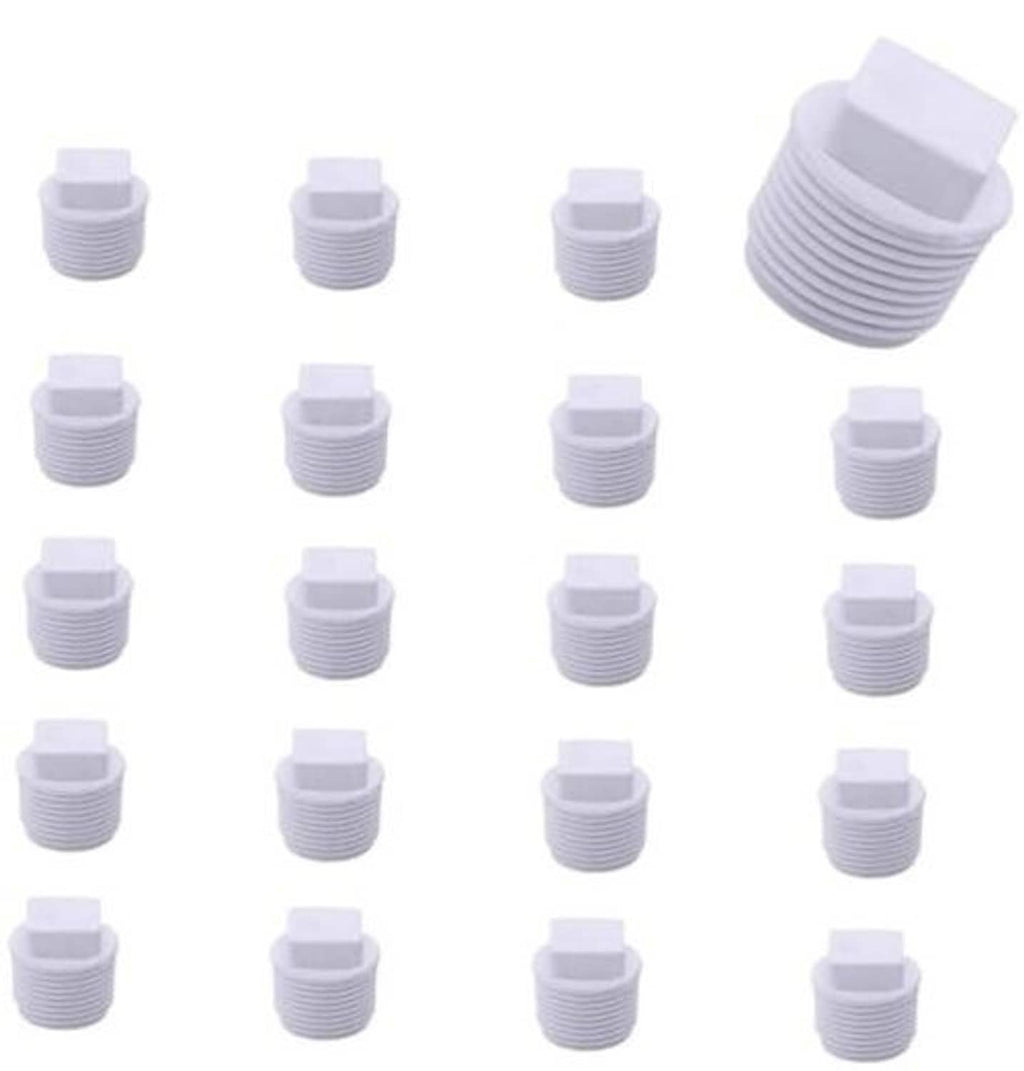 Pack of white PVC male threaded end caps with ridged threads