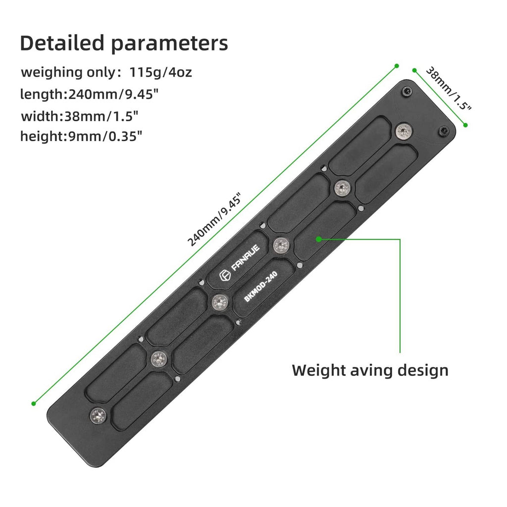 Black adapter plate with engraved markings, mounting holes, and corner fasteners