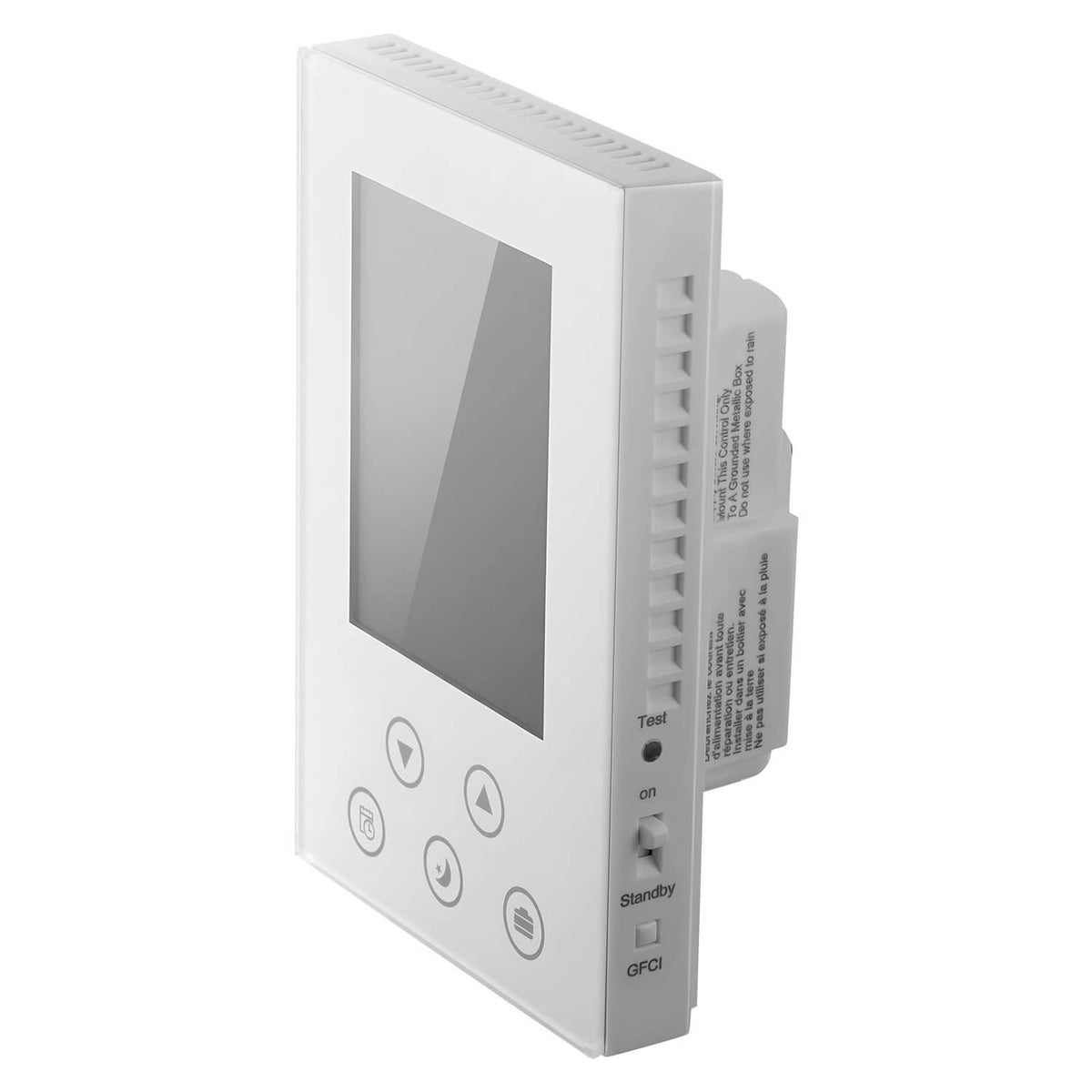 White thermostat angled view with touchscreen, control buttons, and terminal side