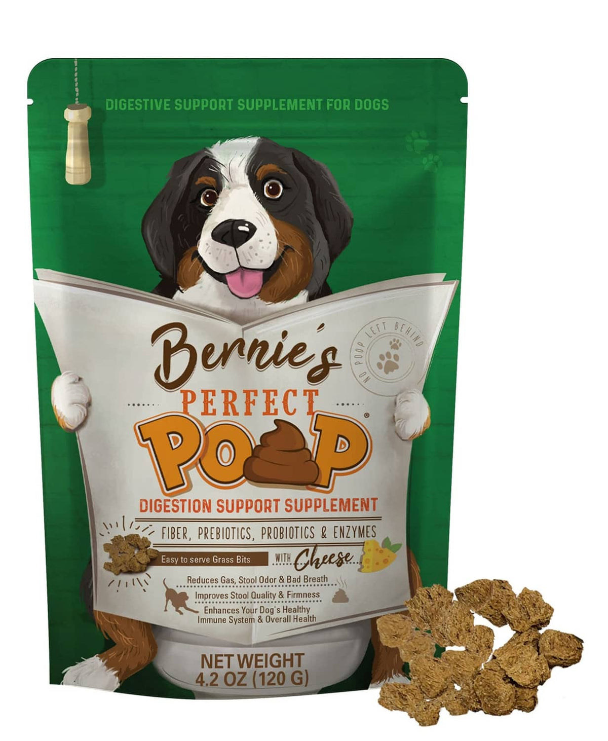 Dog digestion supplement pouch with Bernie's Perfect Poop label and dog artwork