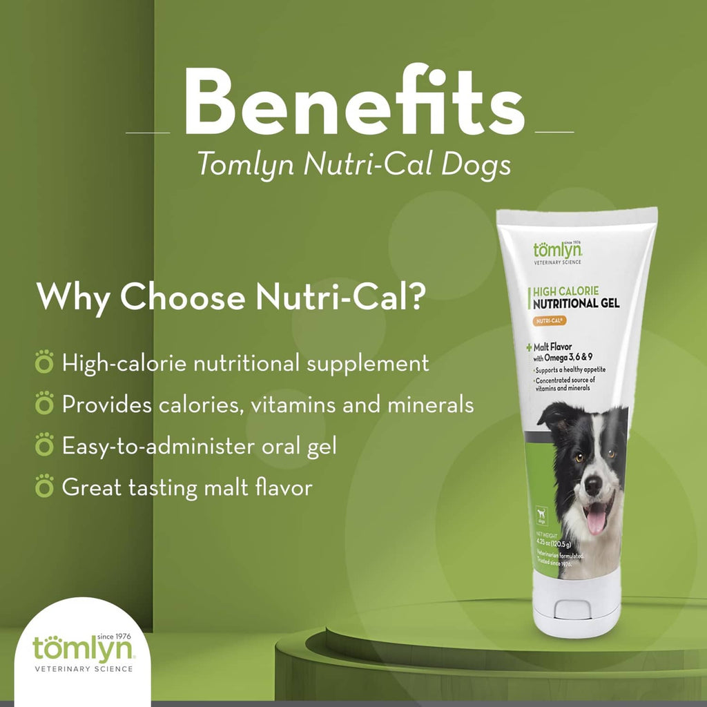 Tomlyn Nutri-Cal high-calorie nutritional gel tube on benefits panel