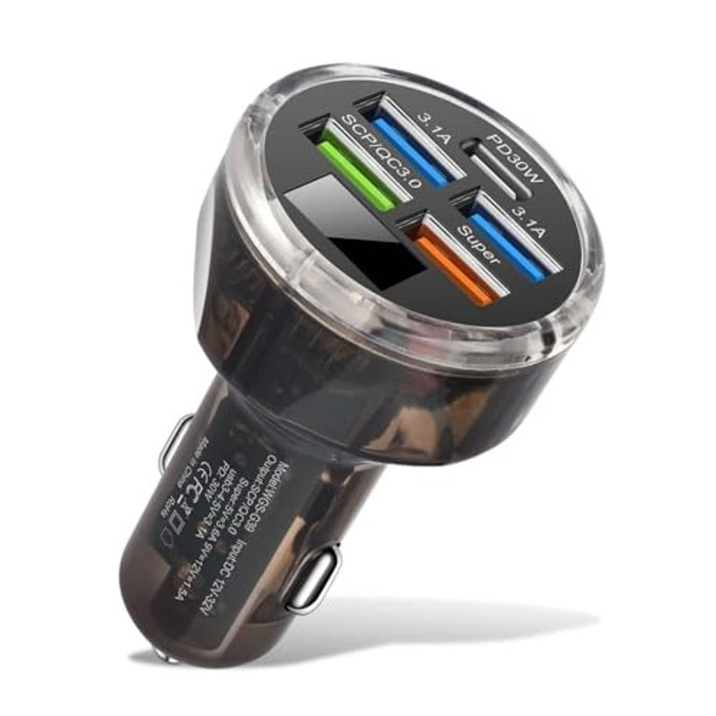 Black car USB-C charger adapter with five USB ports on a clear rotating top