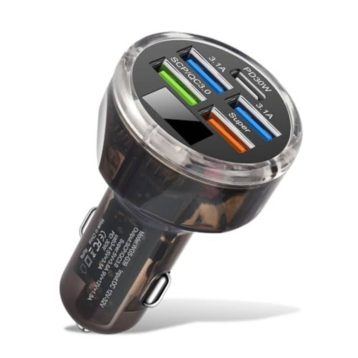 Black car USB-C charger adapter with five USB ports on a clear rotating top