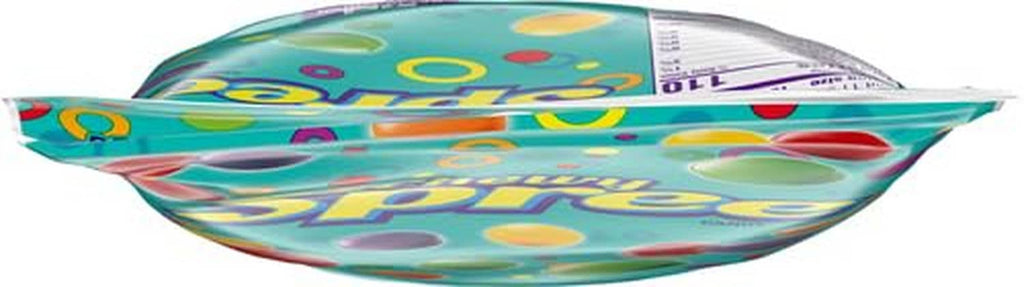 Flat resealable candy bag with colorful ring and candy illustrations on teal background