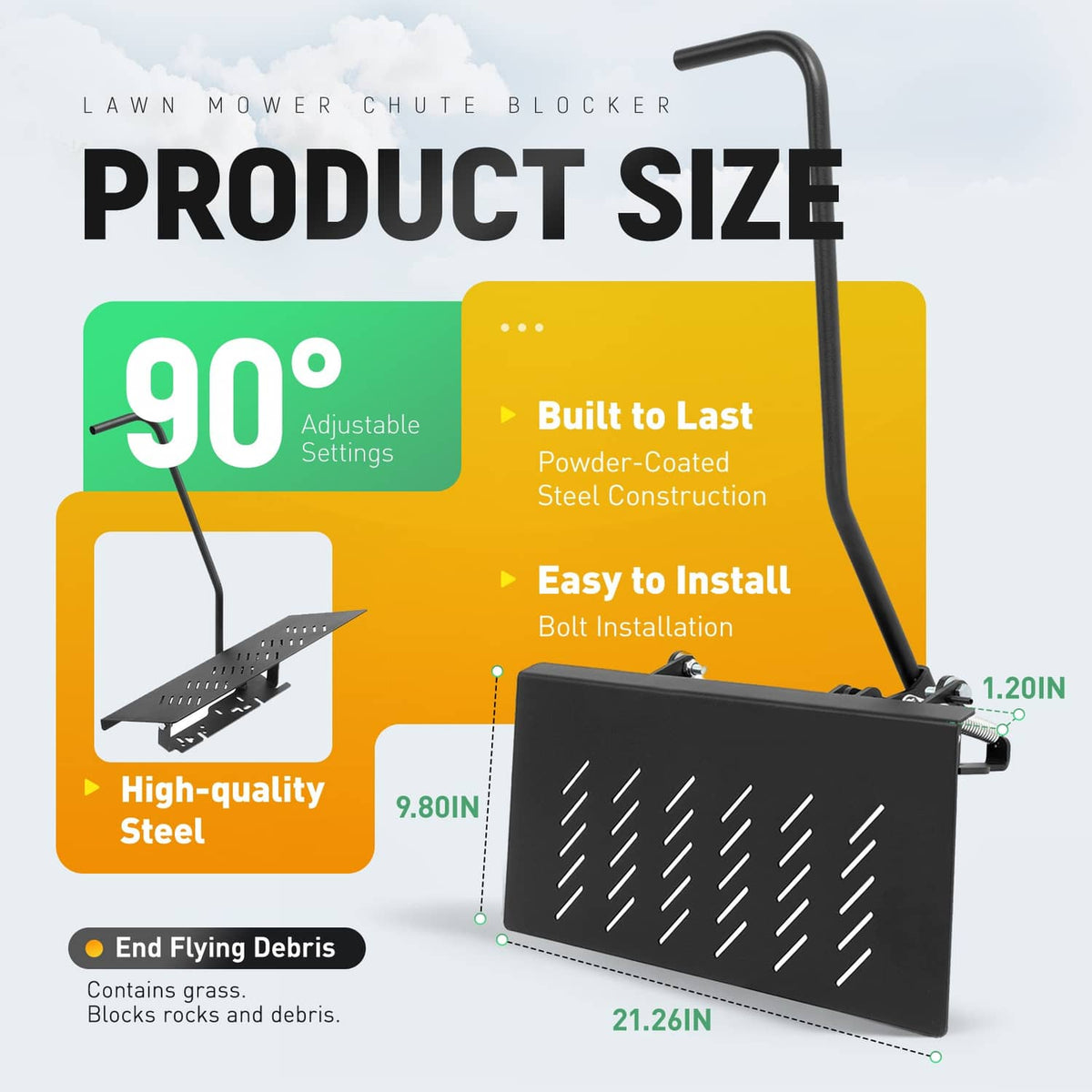 Chute blocker product size graphic with adjustable settings and black deflector plate